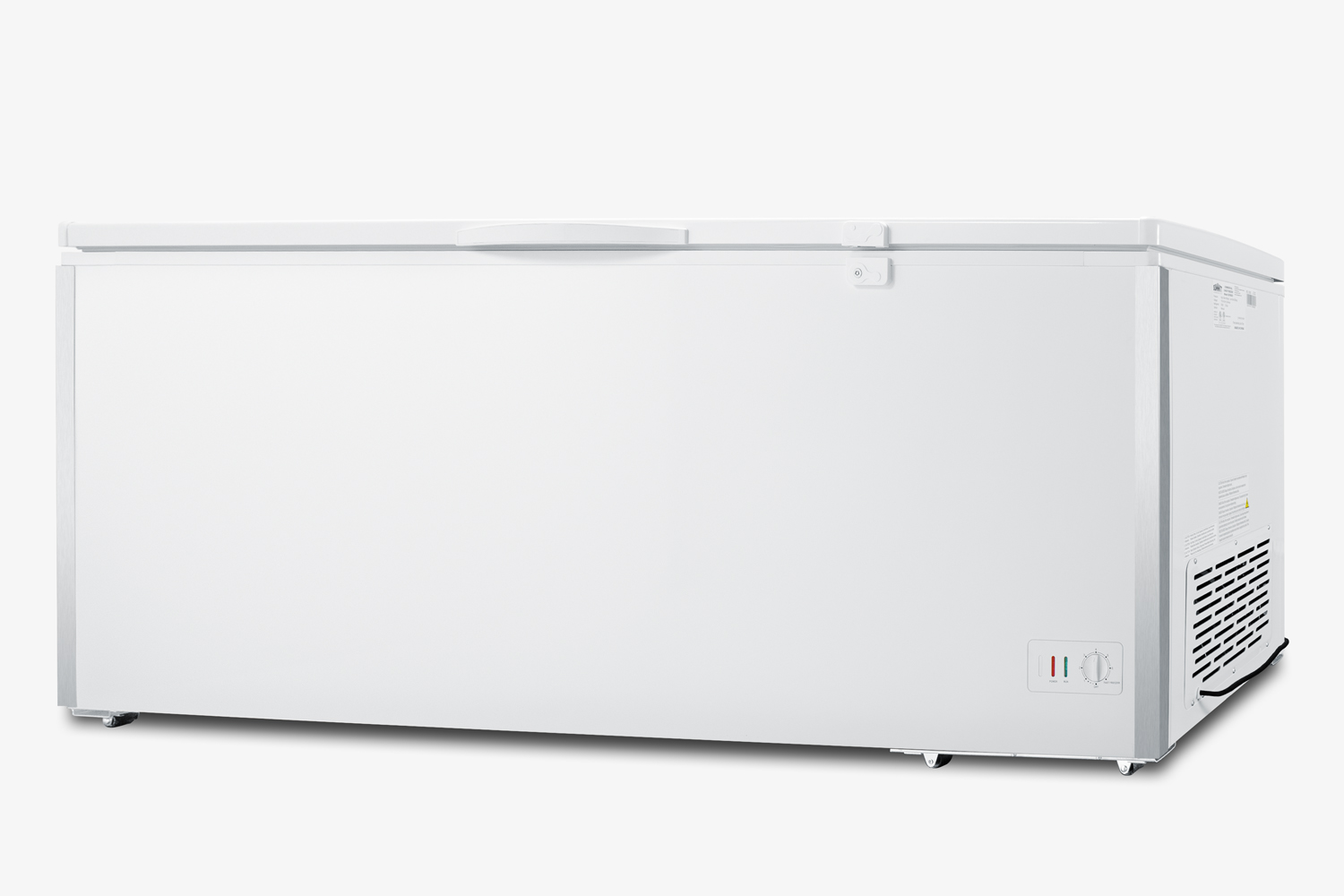 Commercially listed 19.8 cu.ft. manual defrost chest freezer in white with stainless steel corner guards and lock